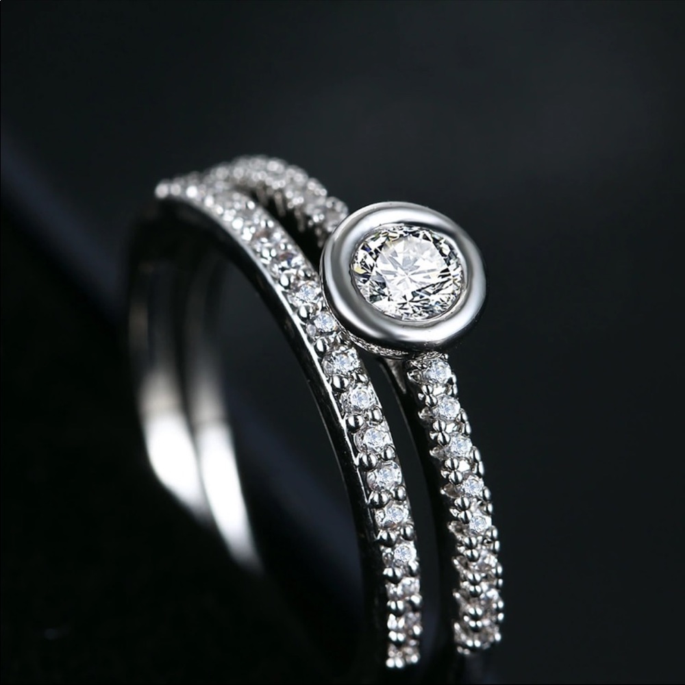 Dainty silver and crystal ring set